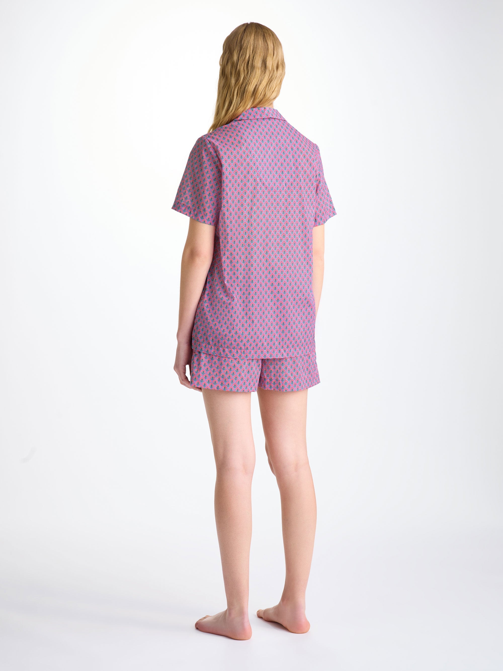 Women's Short Pyjamas Cotton Batiste Flamingo Pink Scalloped Leaf Print