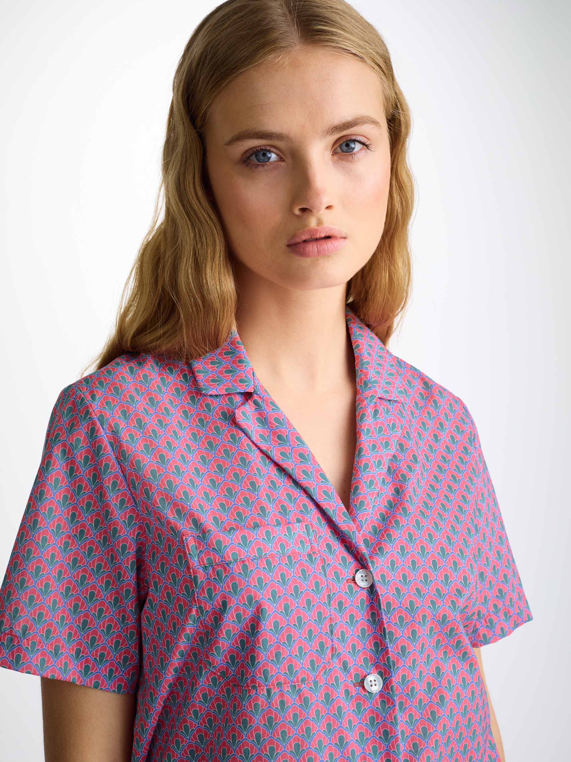 Women's Short Pyjamas Cotton Batiste Flamingo Pink Scalloped Leaf Print