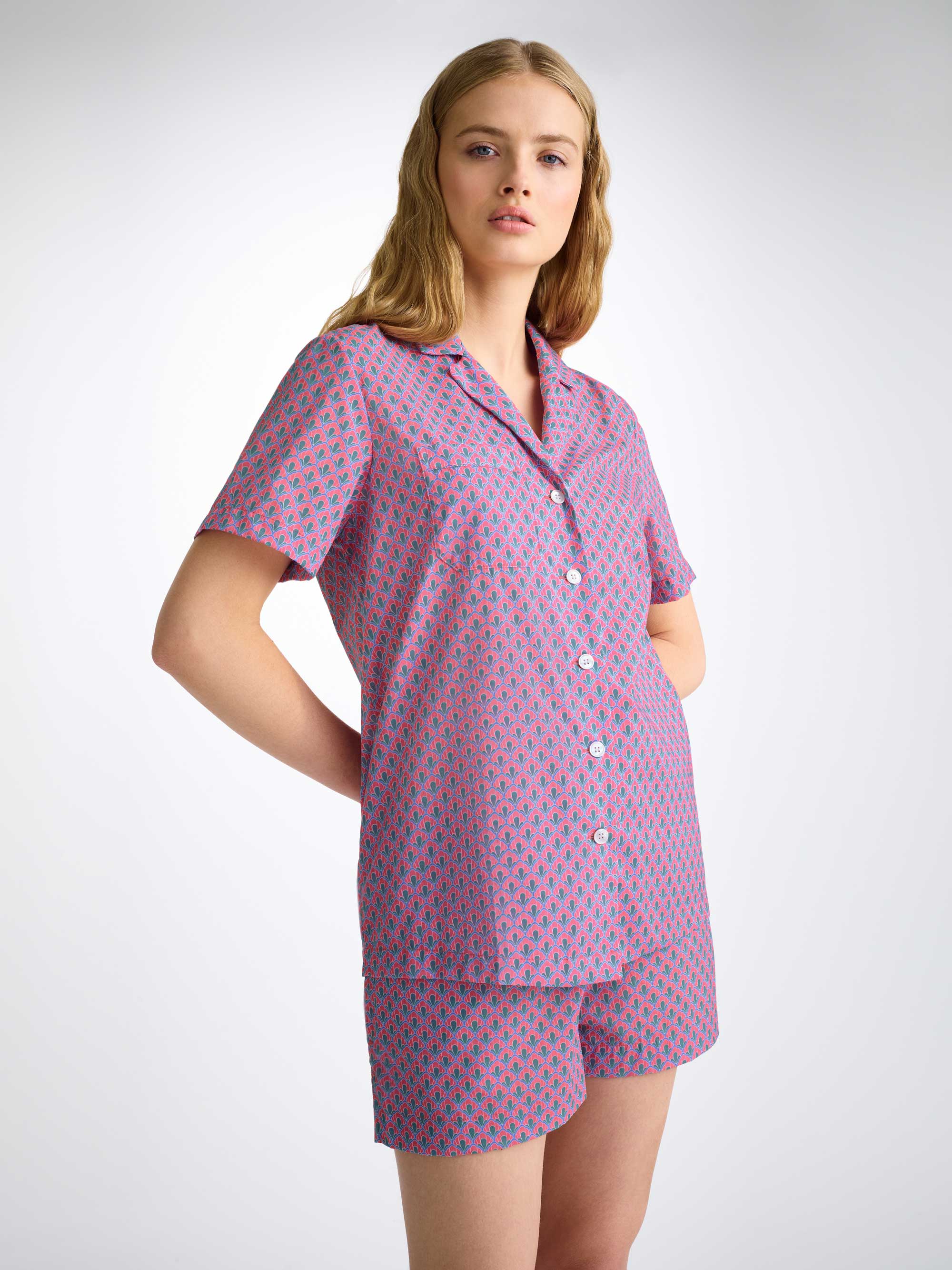 Women's Short Pyjamas Cotton Batiste Flamingo Pink Scalloped Leaf Print