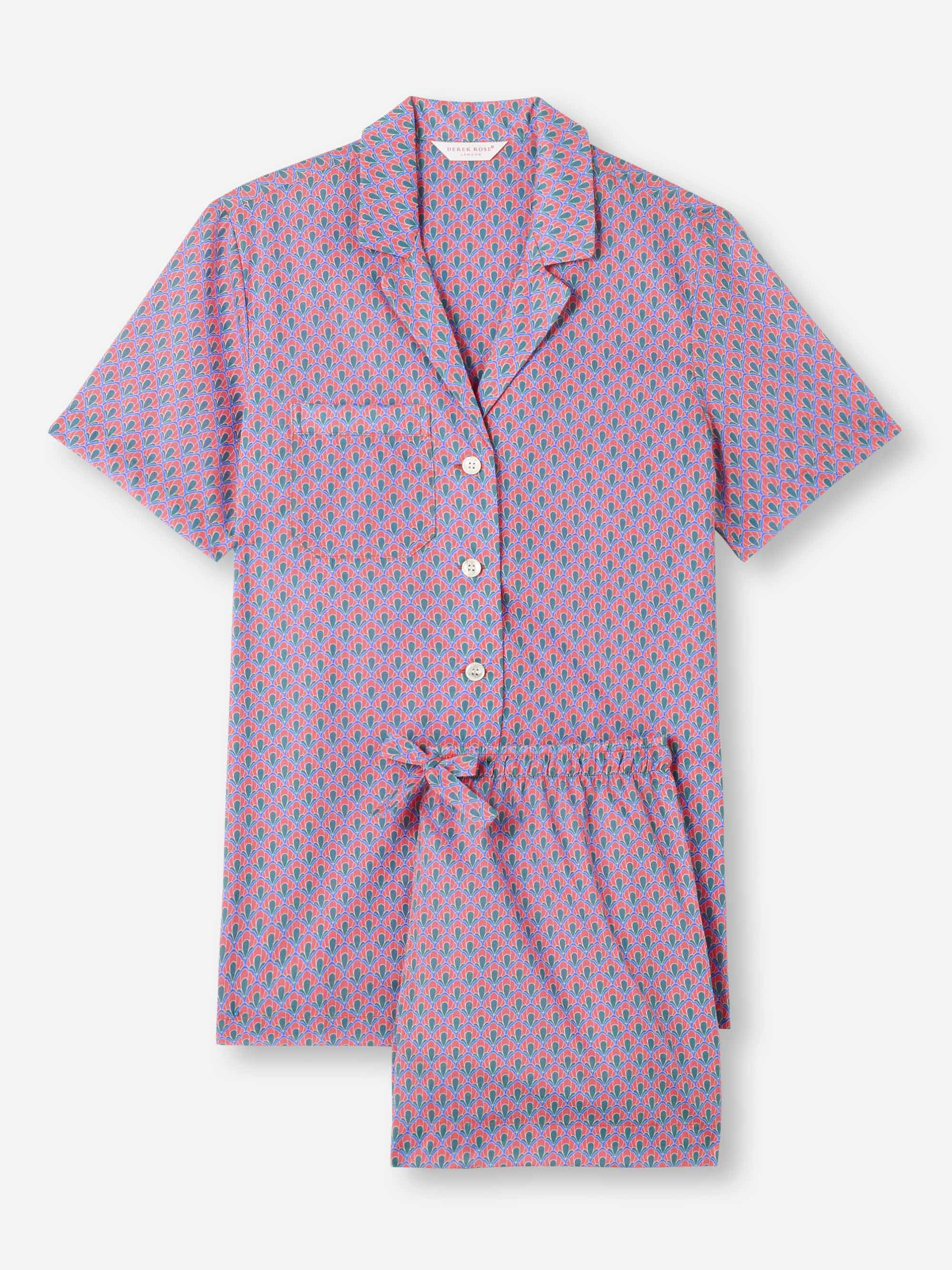 Women's Short Pyjamas Cotton Batiste Flamingo Pink Scalloped Leaf Print