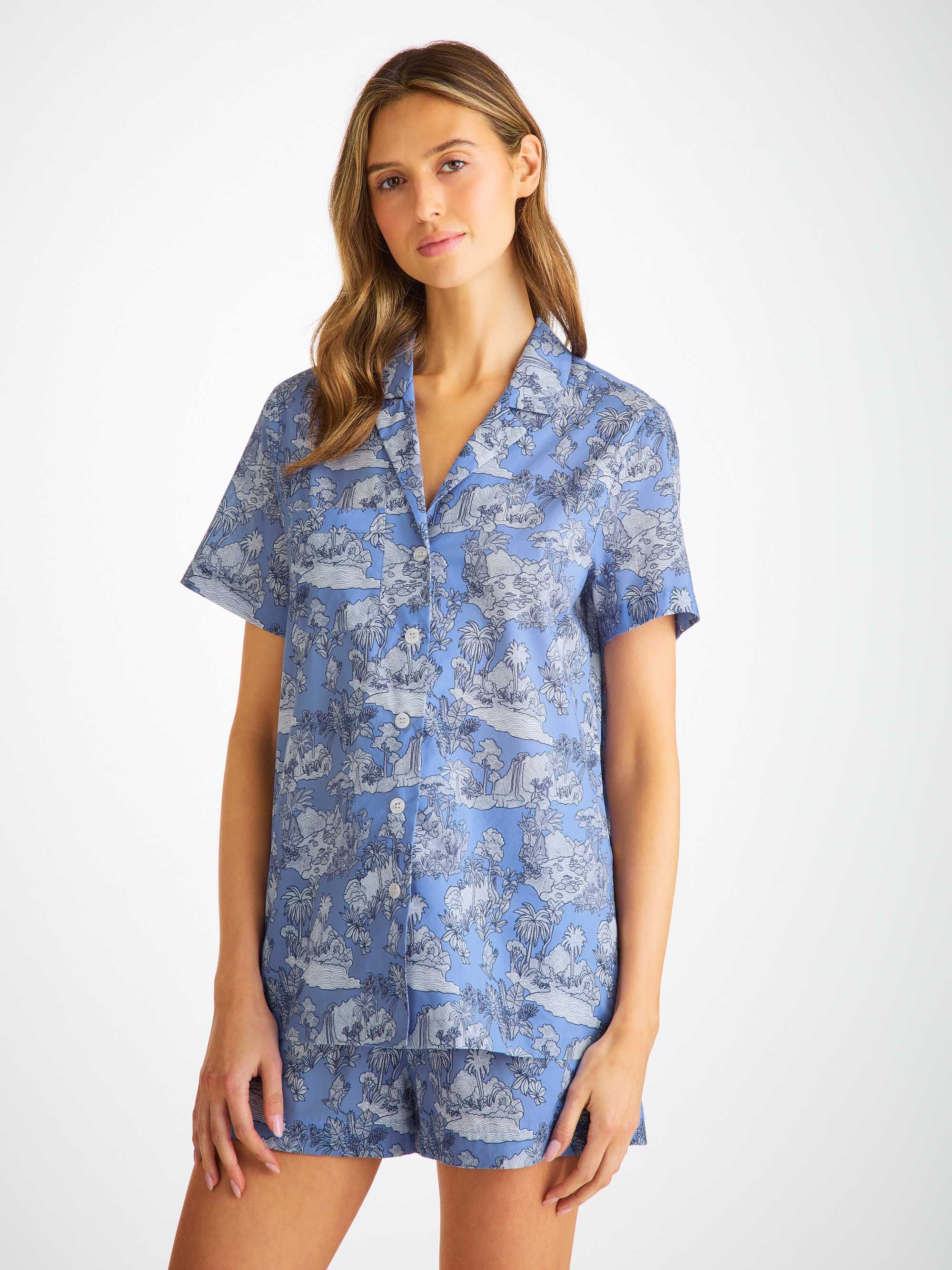 Women's Short Pyjamas Cotton Batiste Blue Island Hopping Print