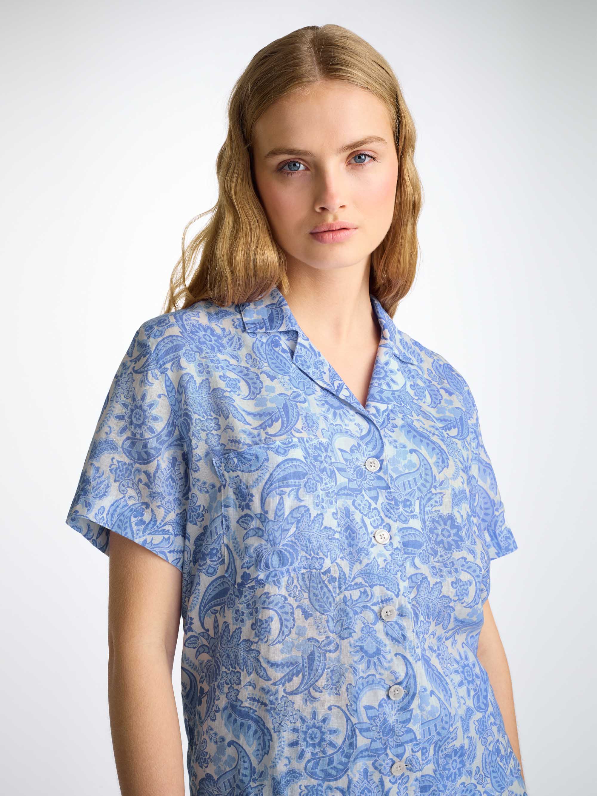 Women's Short Pyjamas Linen White Jungle Paisley Print