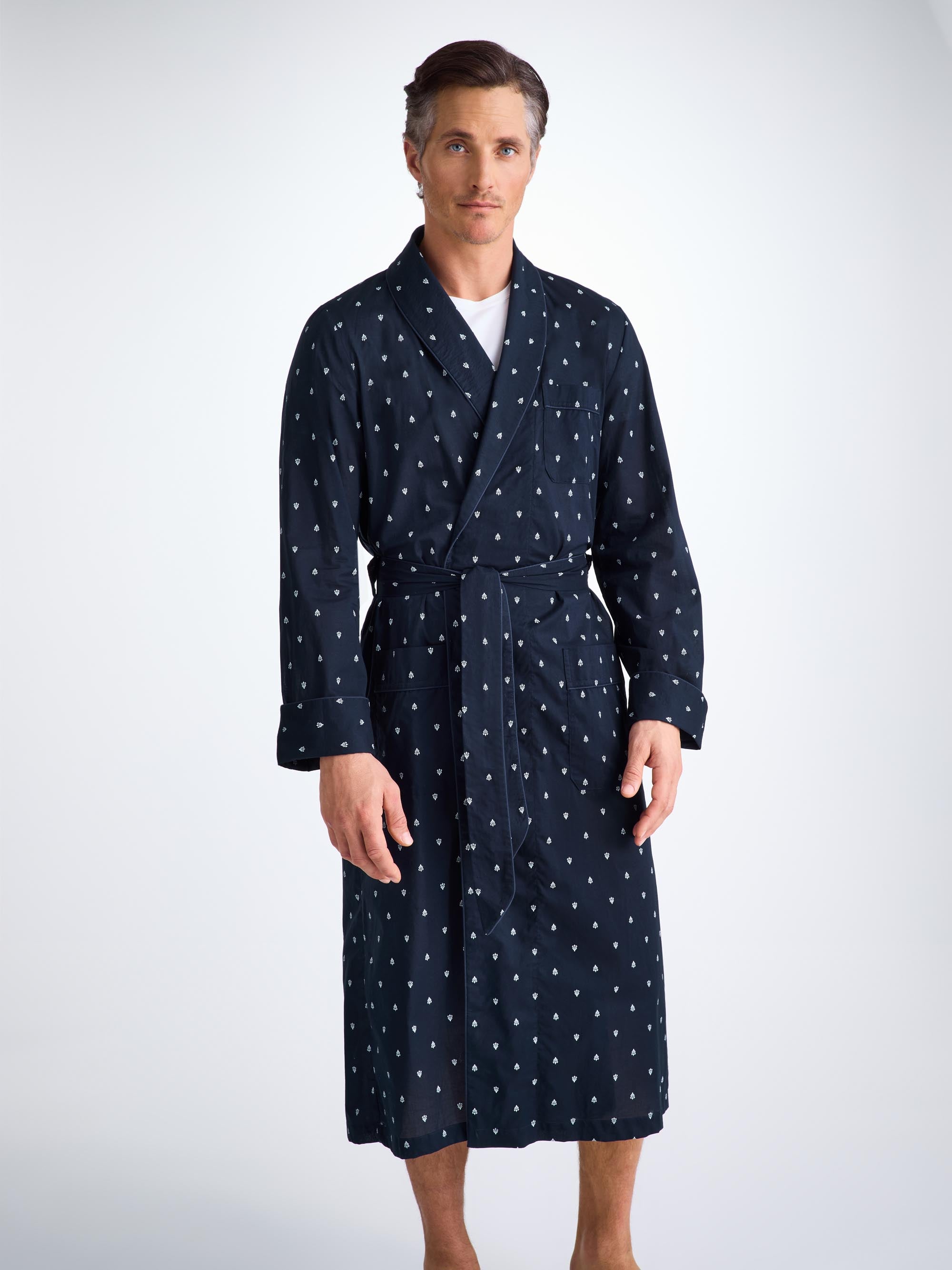 Men's Dressing Gown Cotton Batiste Navy Paisley Motif