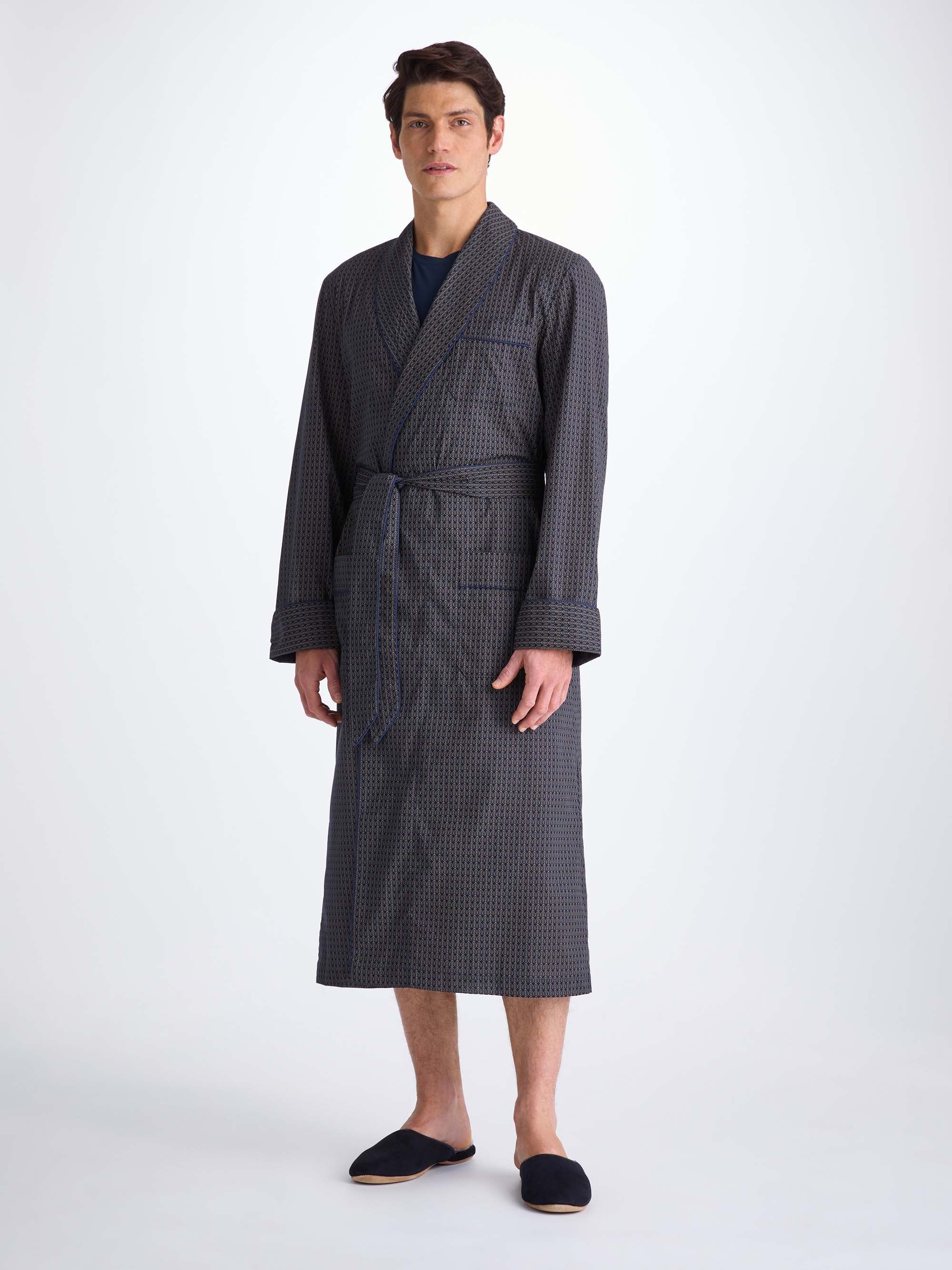 Men's Dressing Gown Cotton Batiste Navy Jungle Leaf Print