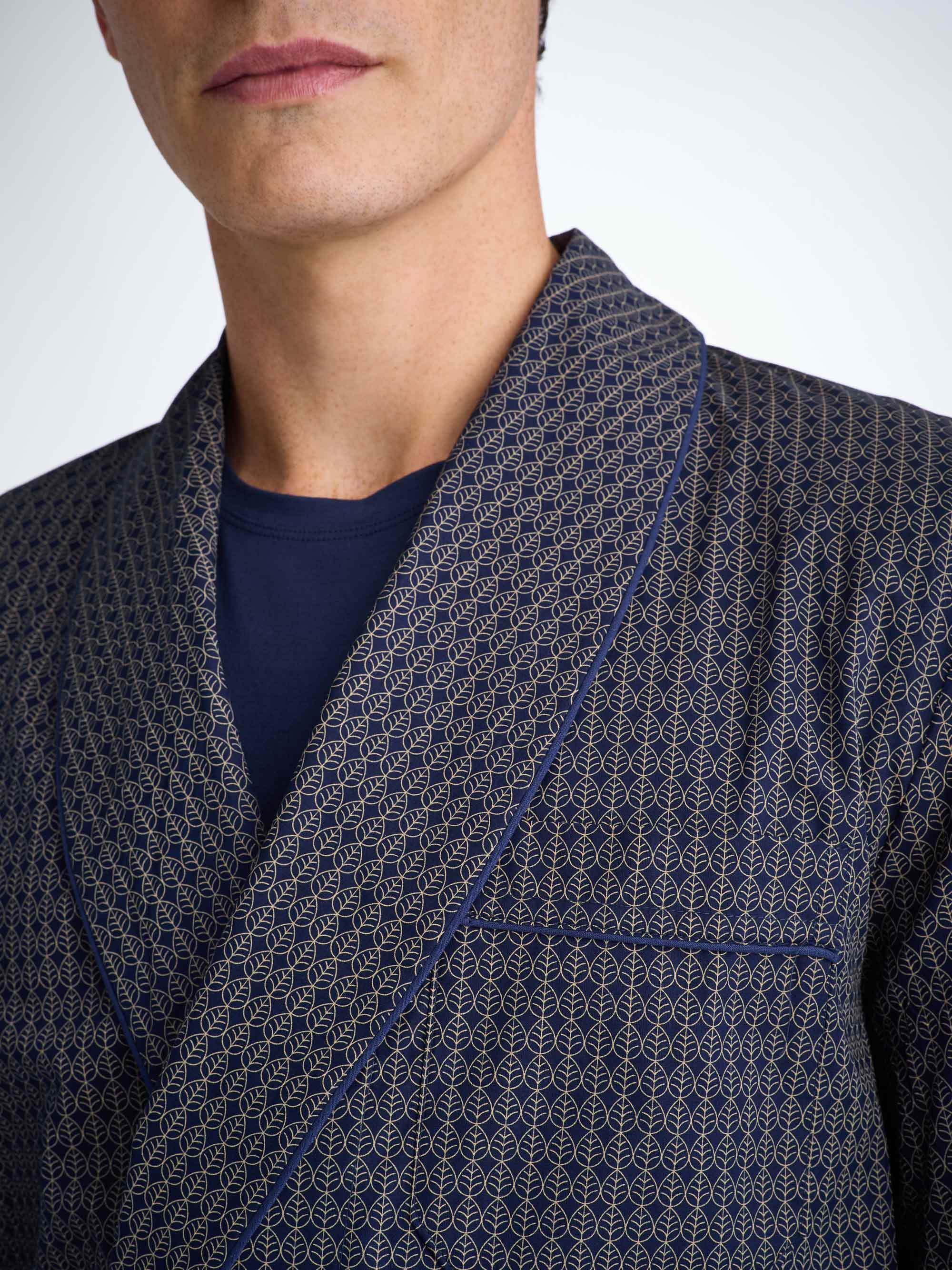 Men's Dressing Gown Cotton Batiste Navy Jungle Leaf Print