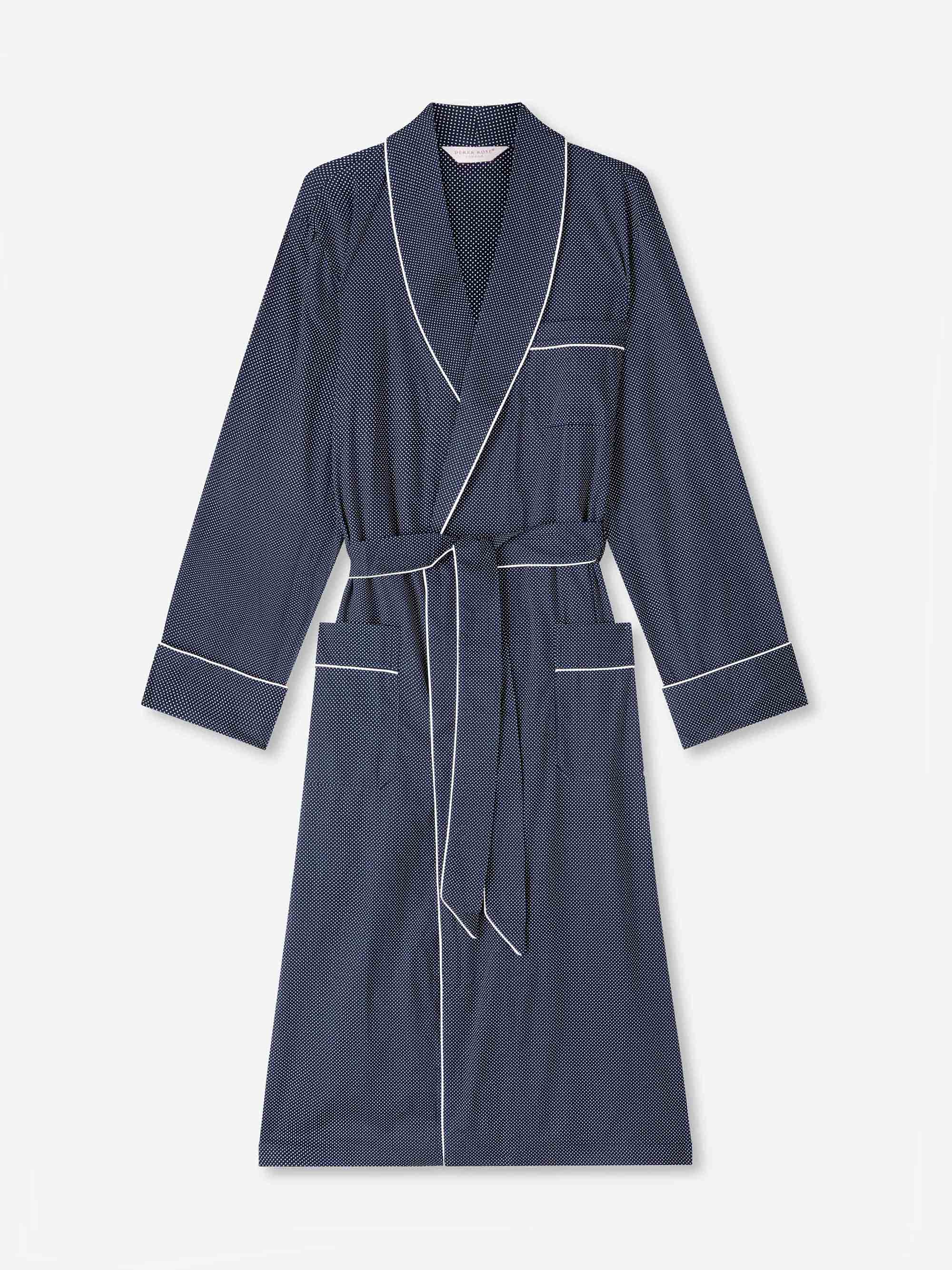 Men's Dressing Gown Cotton Batiste Navy Pin Dot Print