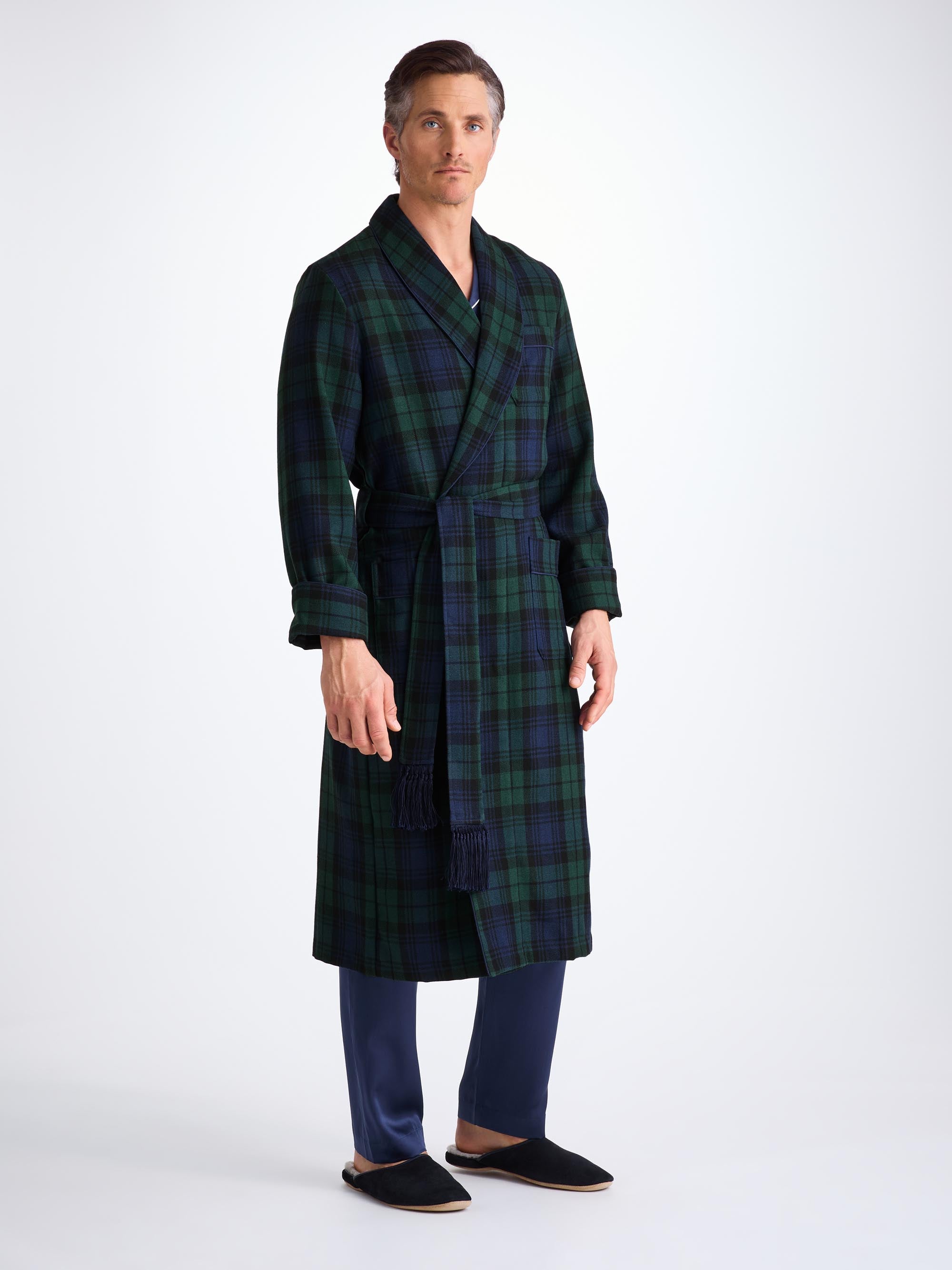 Men's Dressing Gown Tartan Black Watch Wool Navy