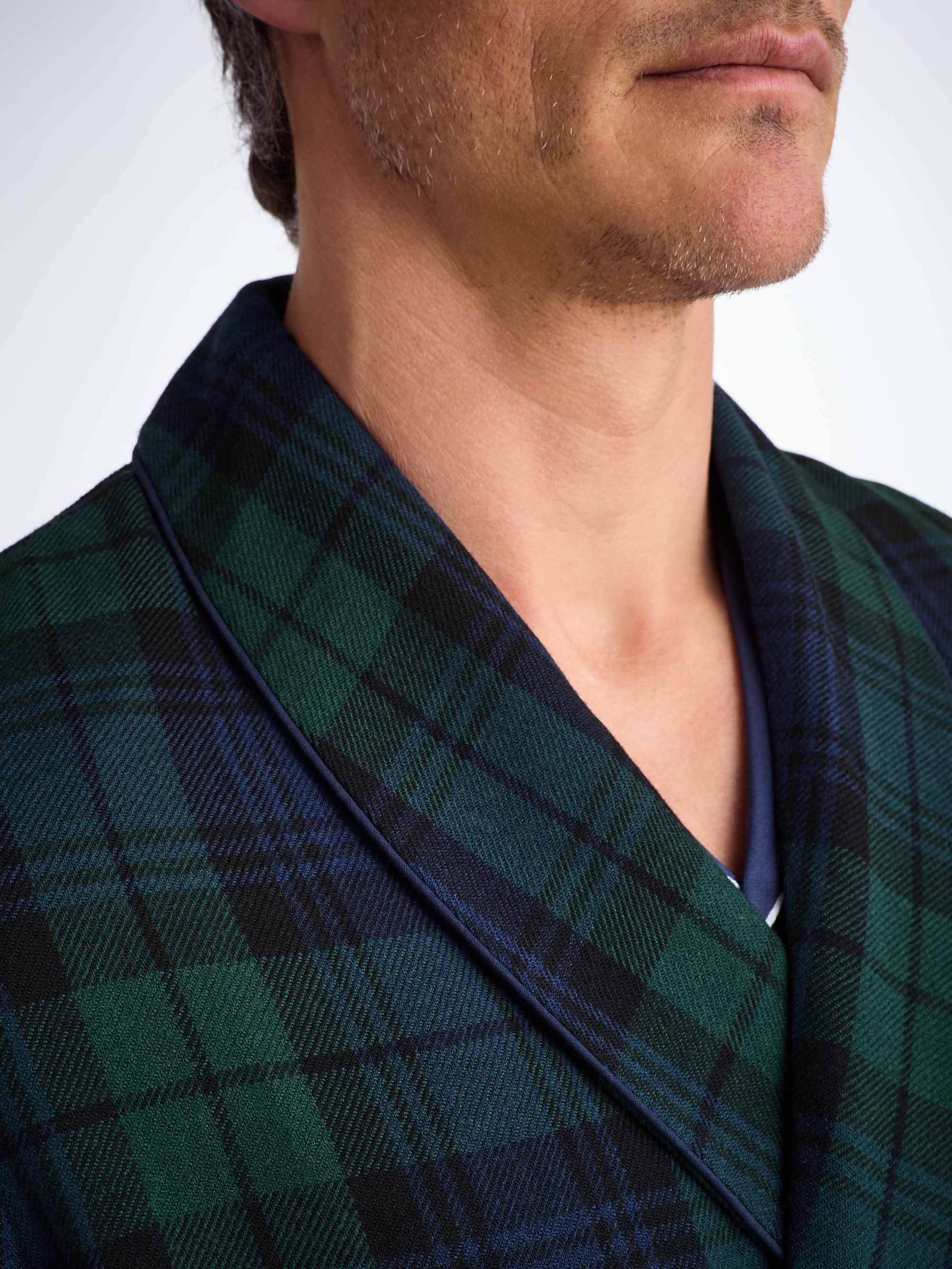 Men's Dressing Gown Tartan Black Watch Wool Navy