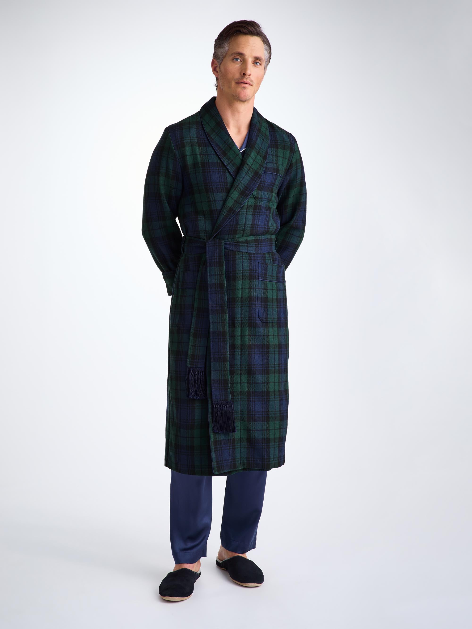 Men's Dressing Gown Tartan Black Watch Wool Navy