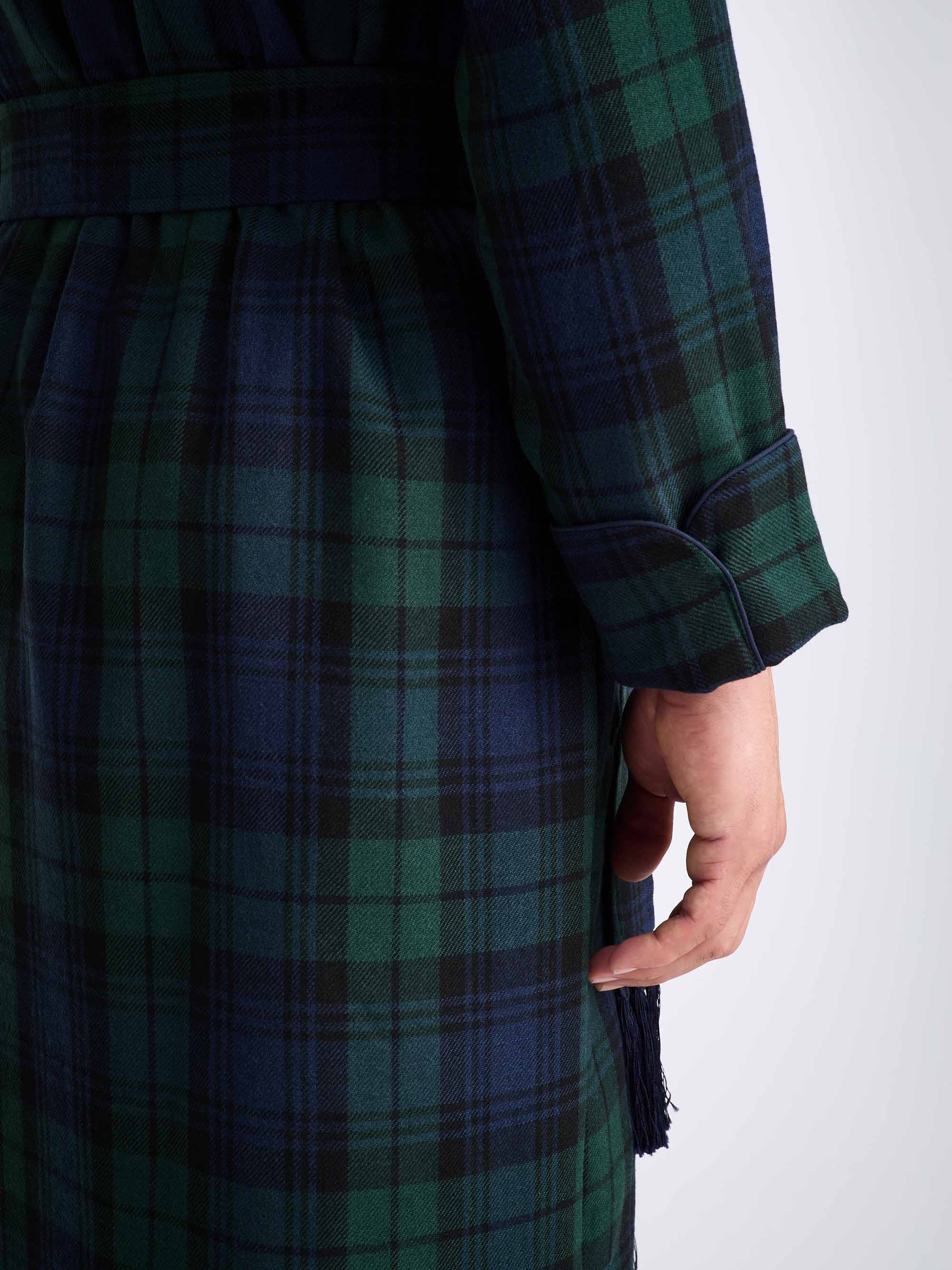 Men's Dressing Gown Tartan Black Watch Wool Navy