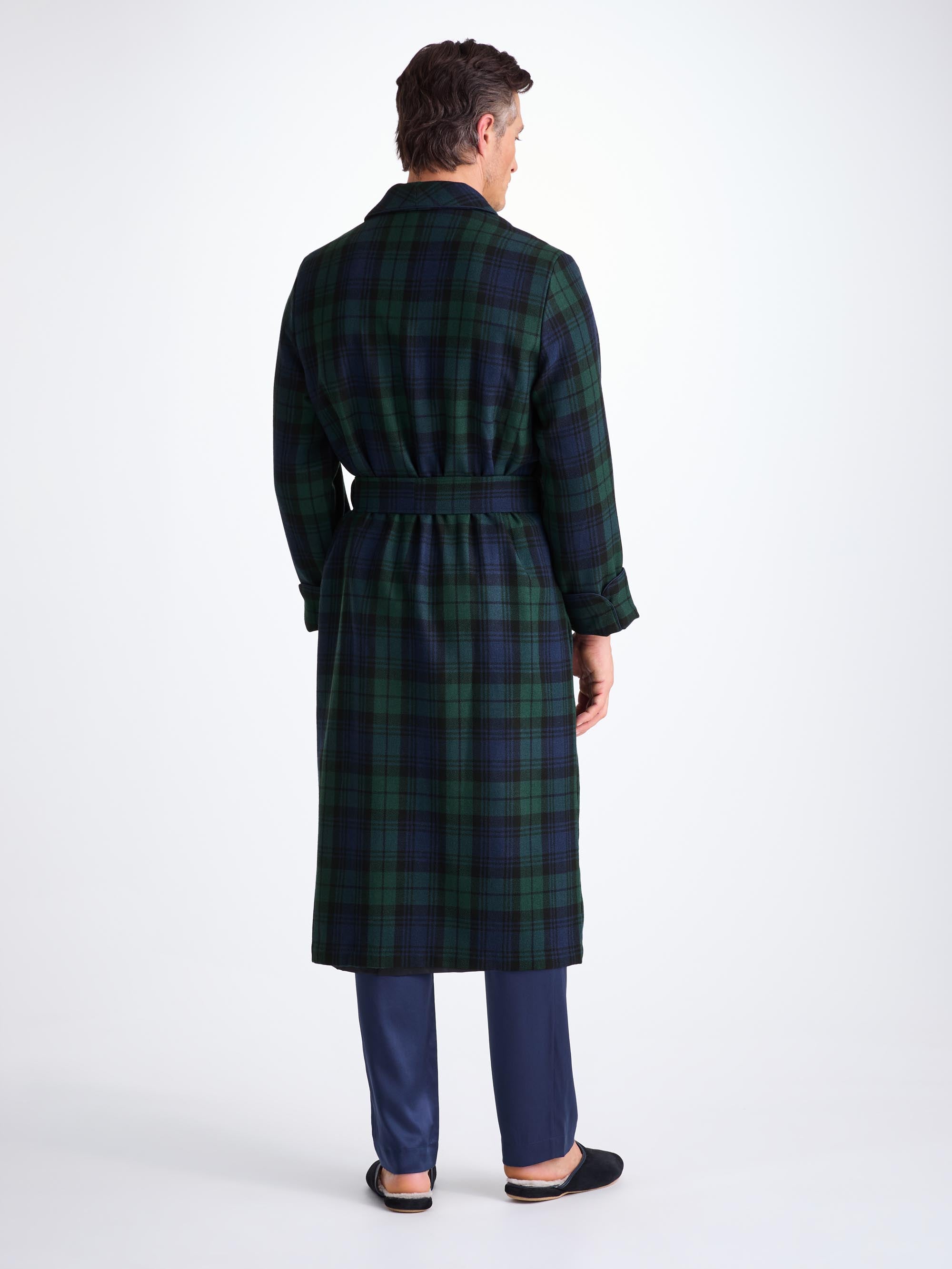 Men's Dressing Gown Tartan Black Watch Wool Navy