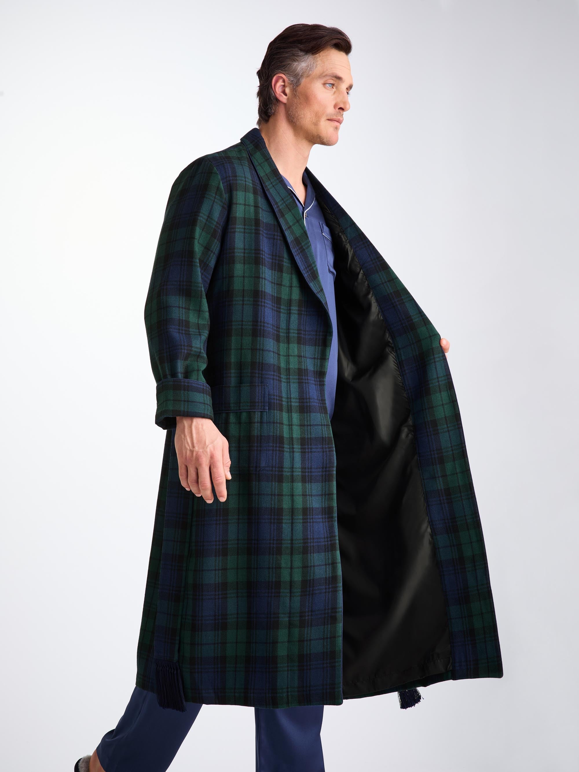 Men's Dressing Gown Tartan Black Watch Wool Navy